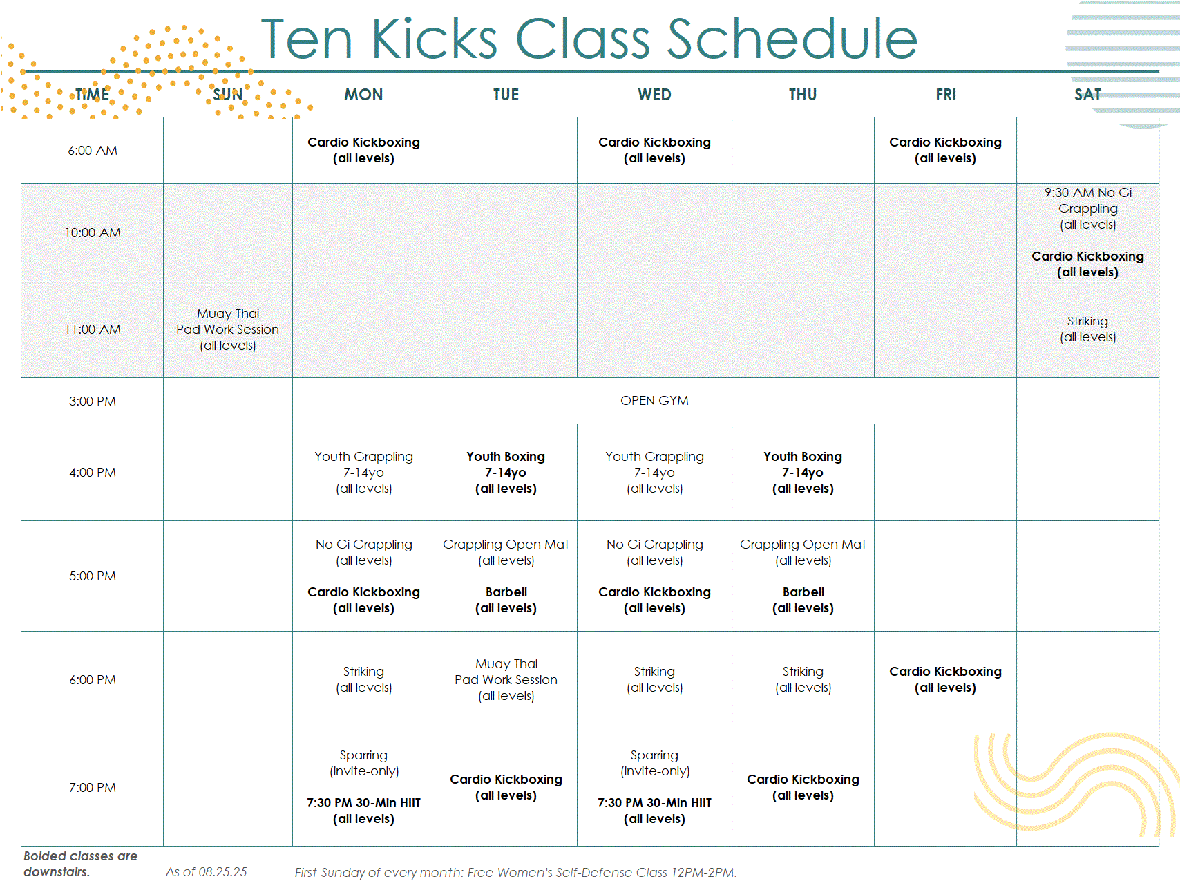 Ten Kicks Class Schedule 09.08.25